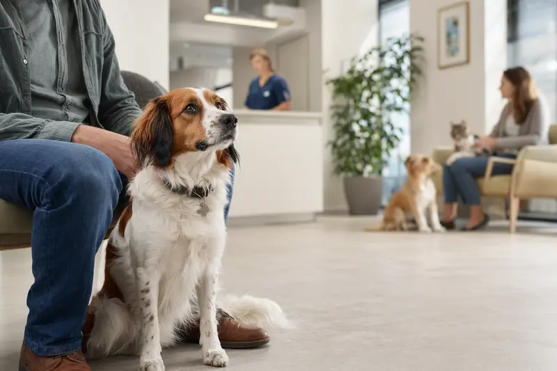Ein Niederländisches Kooikerhondje sitzt ruhig neben seinem Besitzer im hellen Wartezimmer einer modernen Tierarztpraxis.